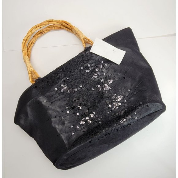 Black Sequin Fabric Tote Handbag with Bamboo Handles and Zip Top DH350 - Picture 1 of 5